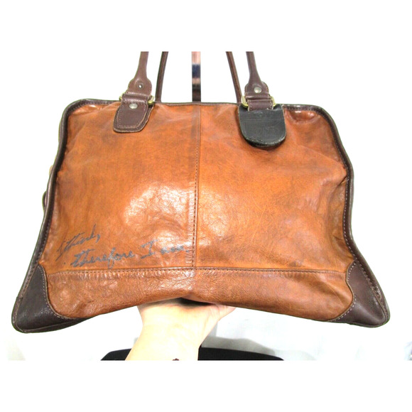 Tough Jeansmith I Think Therefor I Am Large Brown Leather Shoulder Satchel Purse - Picture 9 of 13